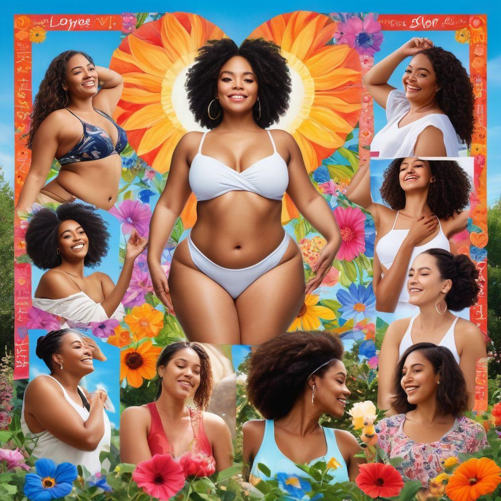 A collage of diverse women of all shapes and sizes embracing their bodies in a vibrant outdoor setting, surrounded by colorful flowers and inspirational quotes on banners. Each woman is portrayed in a dynamic pose that reflects confidence and joy, with a backdrop of a bright blue sky and soft sunlight filtering through trees. Visual elements like hearts and positive symbols should be subtly integrated to emphasize body positivity. watercolor style. vibrant colors.