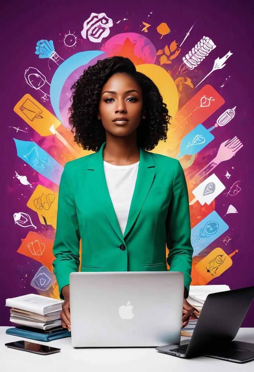 A confident woman standing tall, with a combination of traditional and modern elements representing her journey from insecurity to self-assurance. She is surrounded by vibrant symbols of blogging like laptops, pens, and spoken words flowing around her. The background portrays a gradual transition from shadows to bright light, symbolizing transformation. The colors should be warm and uplifting to evoke a sense of empowerment. super-realistic. vibrant colors.