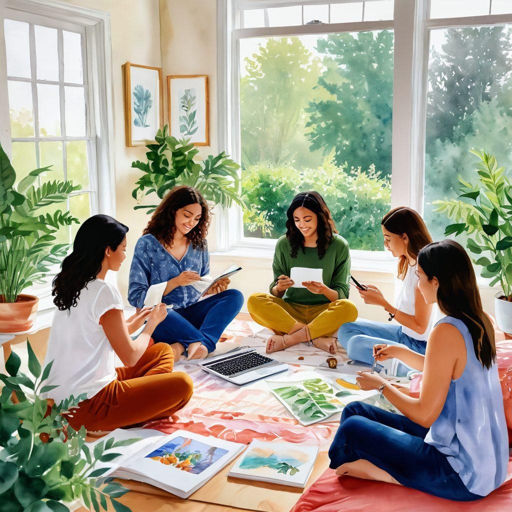 A beautifully crafted scene featuring a diverse group of women sharing their personal blogs in a cozy, warm setting filled with plants and colorful art. Each woman is engaged in a creative activity like writing, painting, or sharing stories, with elements that represent femininity and wellness, such as flowers, journals, and candles. Soft, inviting colors envelop the space, instilling a sense of connection and warmth. watercolor painting. vibrant colors. natural light.